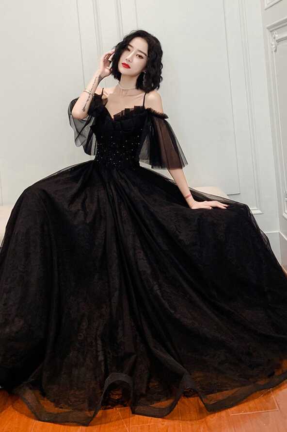 Black Lace Long A-Line Prom Dress, Black Off the Shoulder Evening Dres