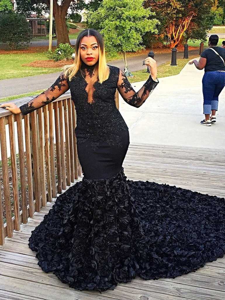 Black Lace Long Sleeves Mermaid Prom Dresses with Long Train,3366 ...