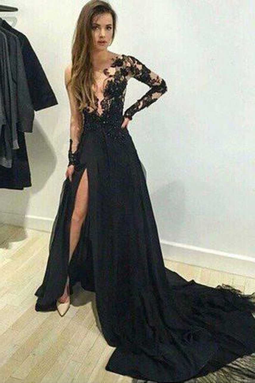 Black Lace Long Sleeves Side Slit Long Prom Dresses, Evening ...