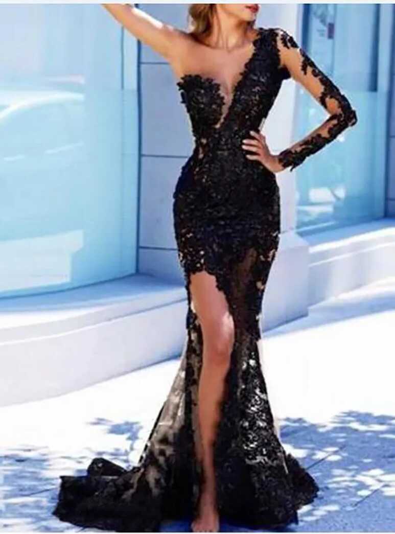 Black Lace One Shoulder Mermaid Sexy Black Evening Gown With Long ...