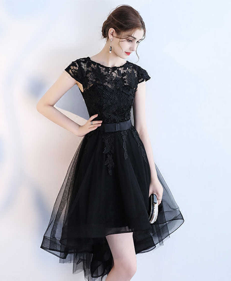 Black Lace Short Prom Dress, Hight Low Evening Dress – shopluu