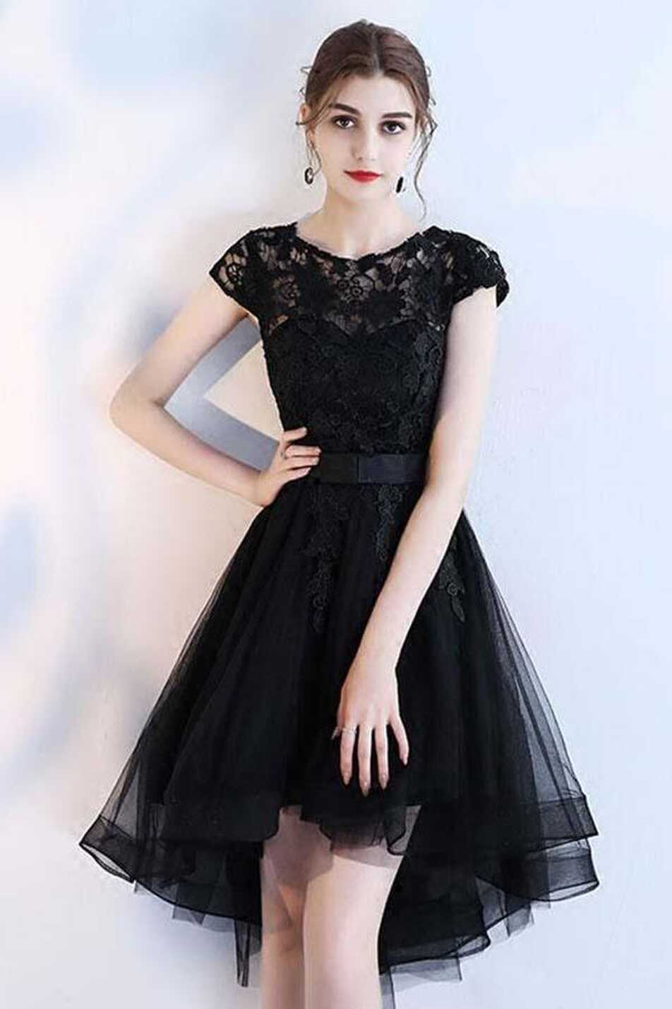 Black Lace Short Prom Dress Hight Low Evening Dress Homecoming ...