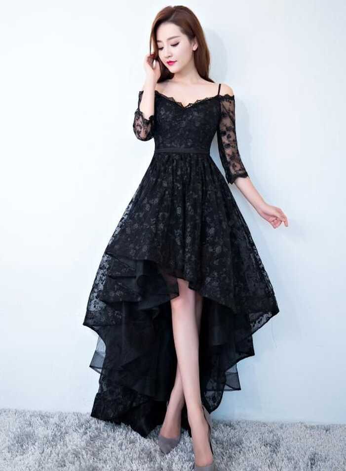 Black Lace V-neckline Straps High Low Party Dress Homecoming Dress ...