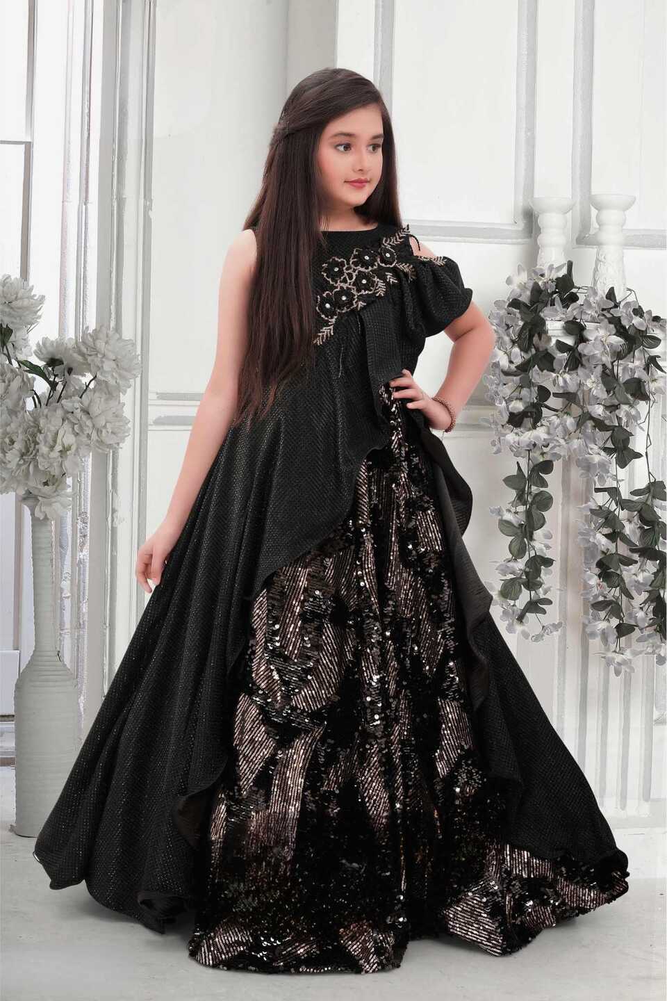 Black Layered Full Length Gown With Ruffle Pattern And Gold ...