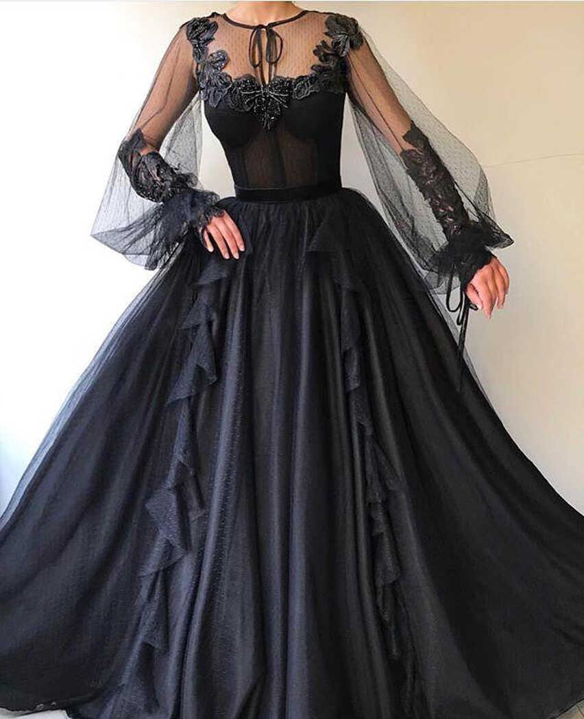 Black Long A-line Tulle Prom Dresses, Long Sleeves Modest Evening ...