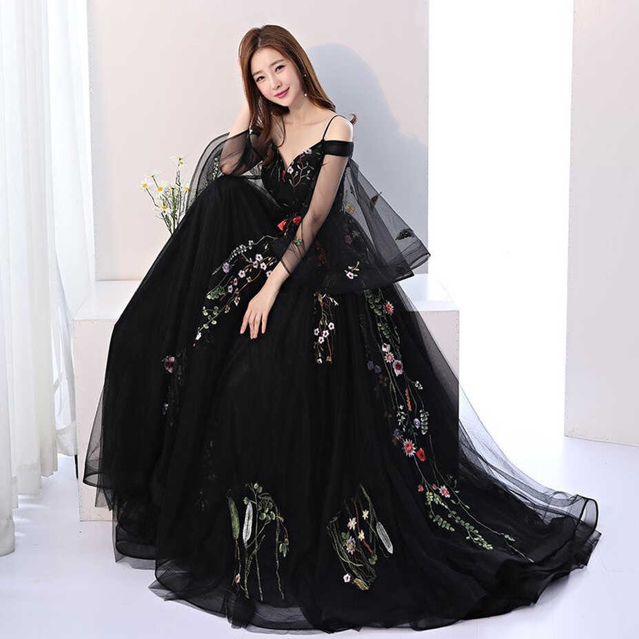 Black Long Puffy Sleeves Tulle with Lace Wedding Party Dresses ...