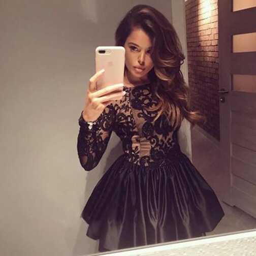 Black Long Sleeve Ball Gown V Back Appliques Homecoming Dress ...