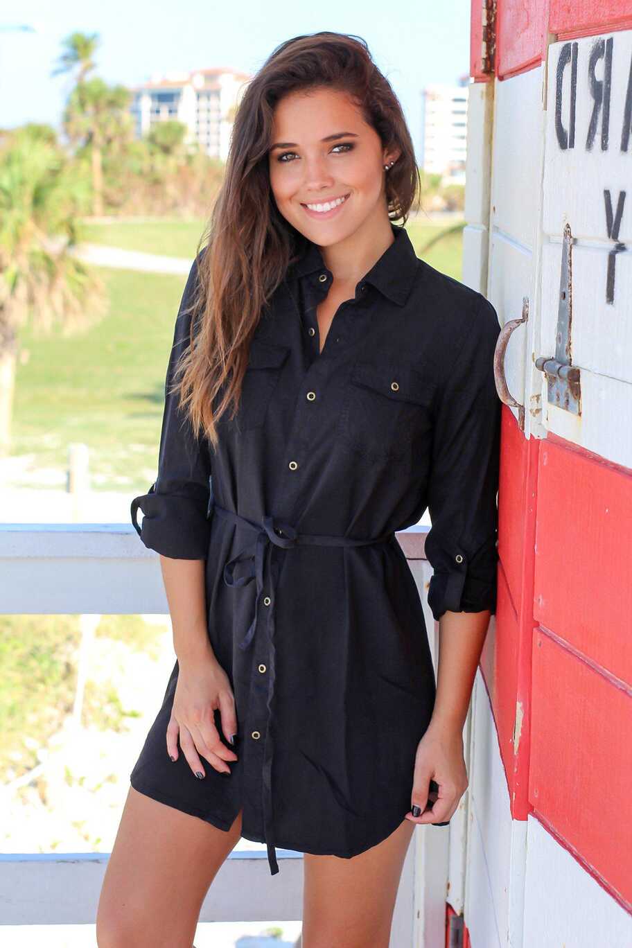 Black Long Sleeve Button Down Short Dress | Short Dresses – Saved ...