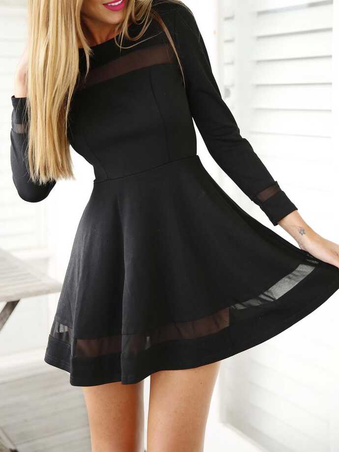 Black Long Sleeve Contrast Mesh Yoke Flare Dress