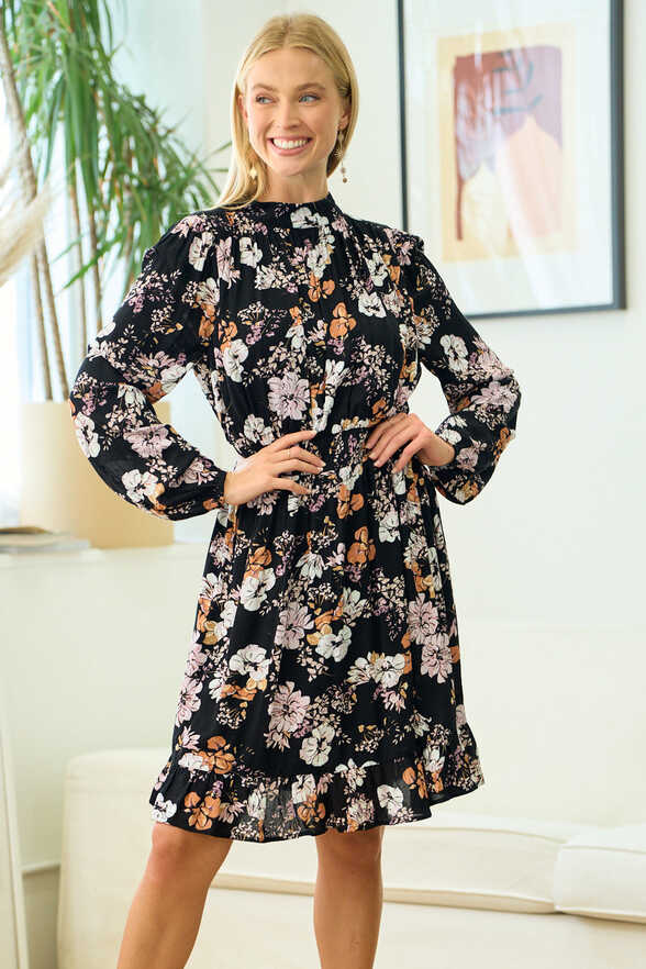 Black Long Sleeve Floral Short Dress for $39.99 – The Dress Outlet