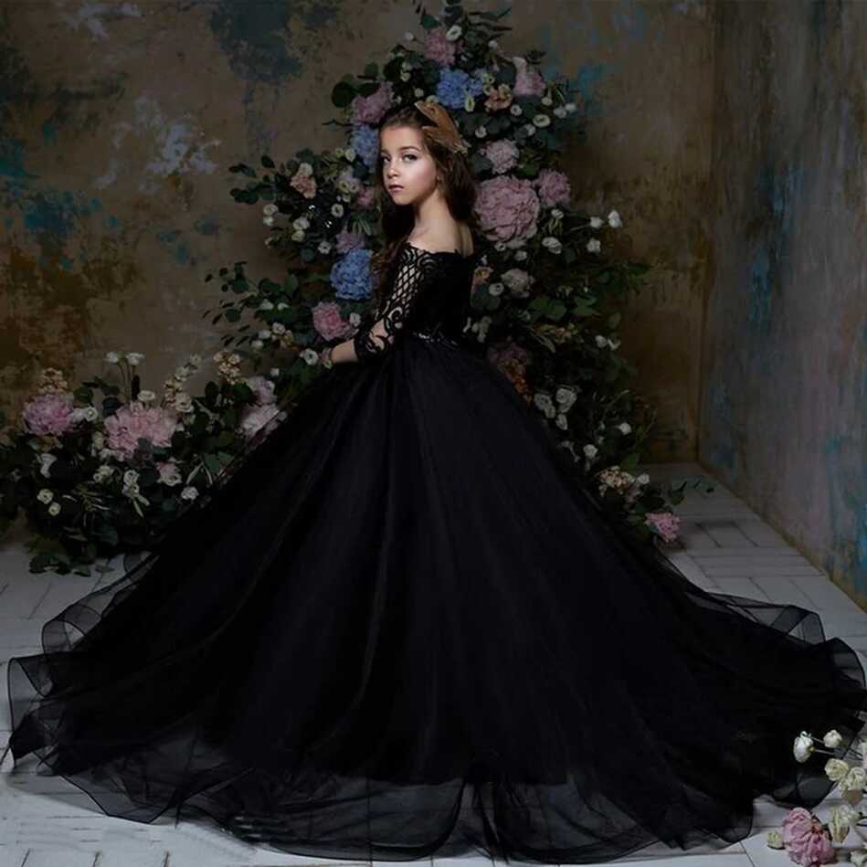 Black Long Sleeve Flower Girl Dresses for Wedding Crystal Sash ...