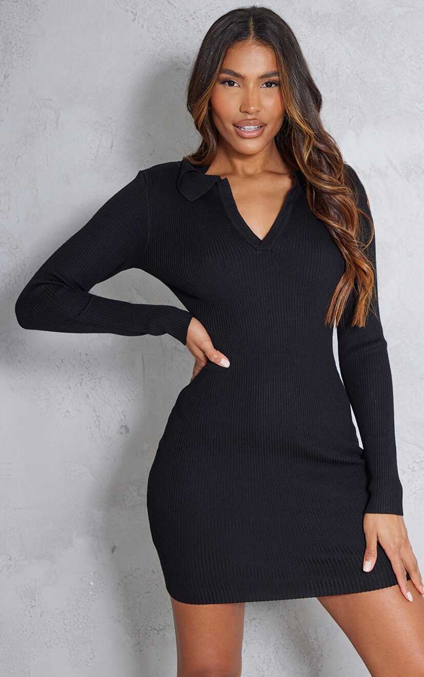 Black Long Sleeve Rib Knitted Bodycon Mini Dress ...