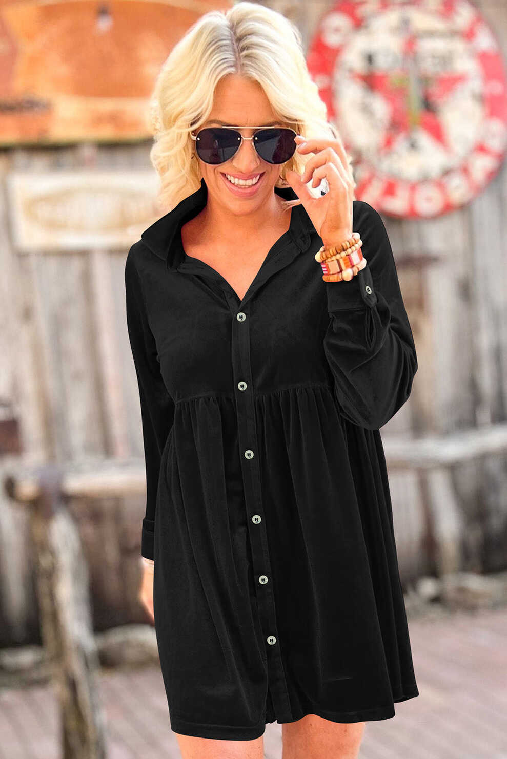 Black Long Sleeve Ruffle Velvet Button Up Dress – Emmeline&#39;s Fashion