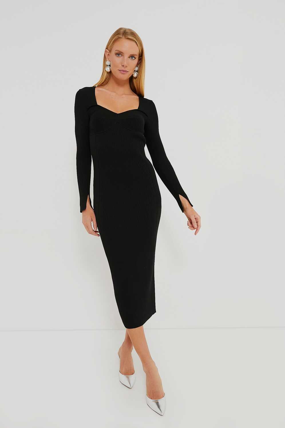 Black Long Sleeve Sculpted Midi Dress | Moon River