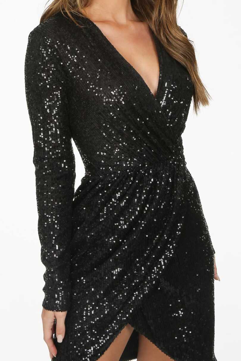 Black Long Sleeve Sequin Cross Over Dress | Dressed in Lucy