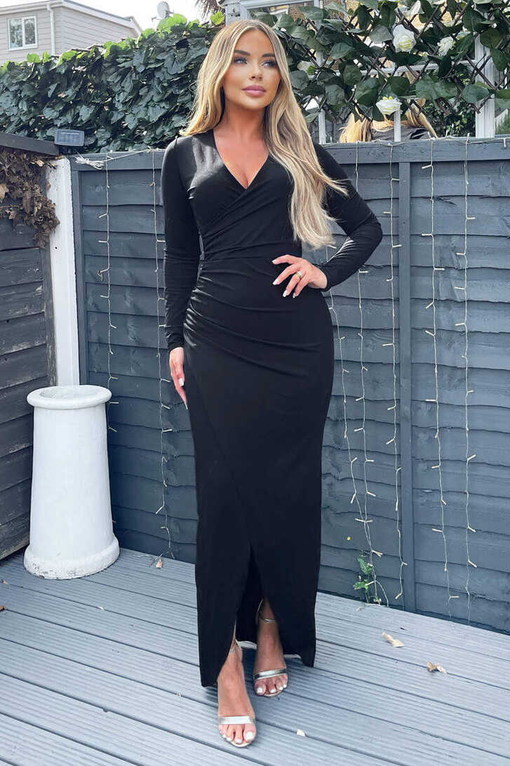 Black Long Sleeve Wrap Over Maxi Dress – AX Paris