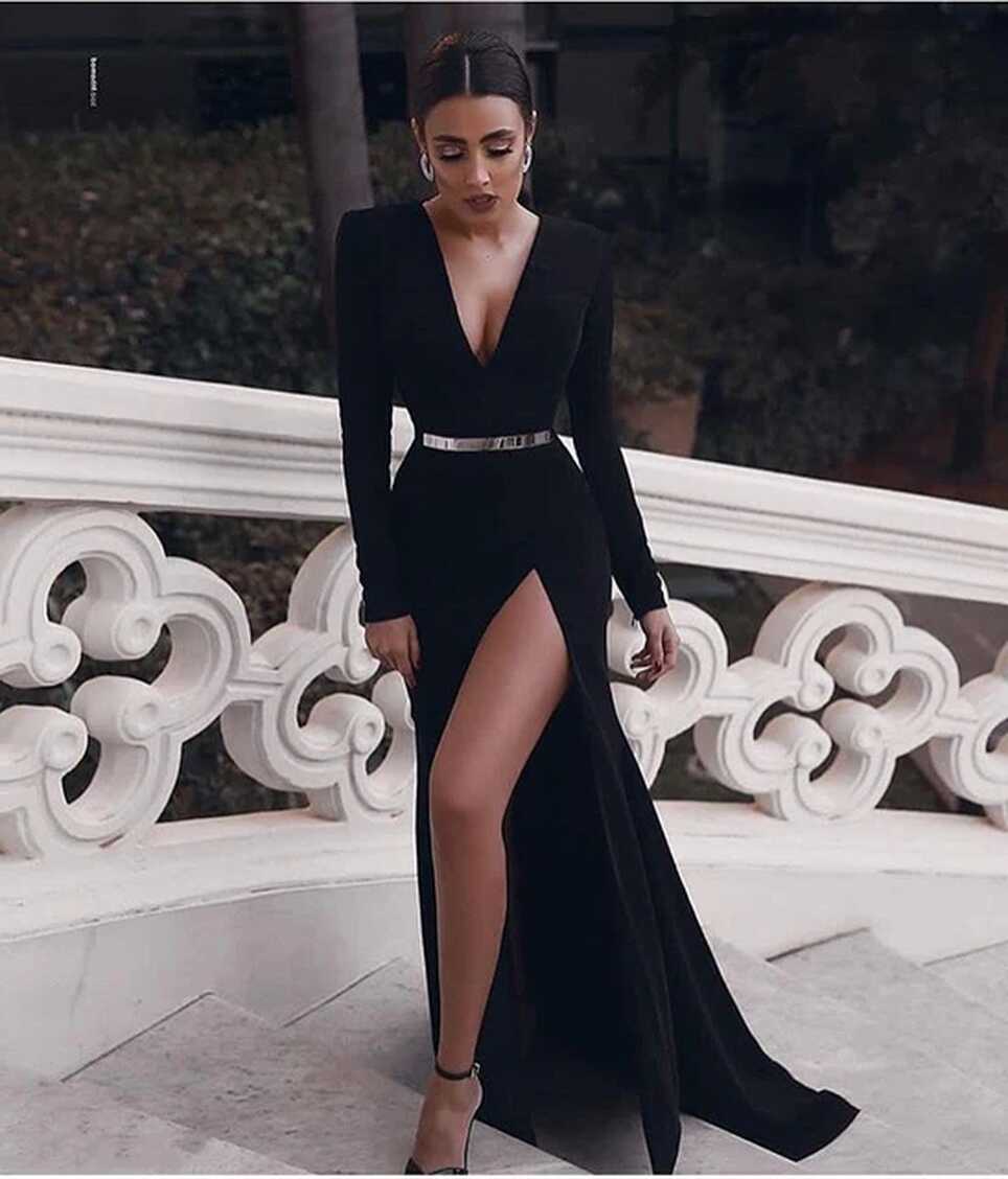 Black Long Sleeves Backless Prom Dresses 2023 Simple Party Gowns ...