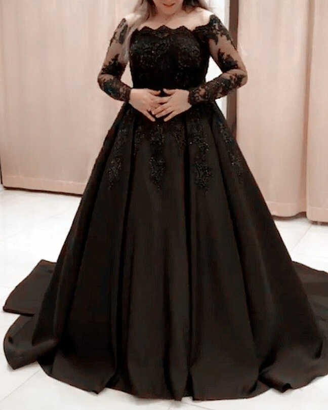 Black Long Sleeves Lace Prom Dresses Plus Size Satin Formal ...