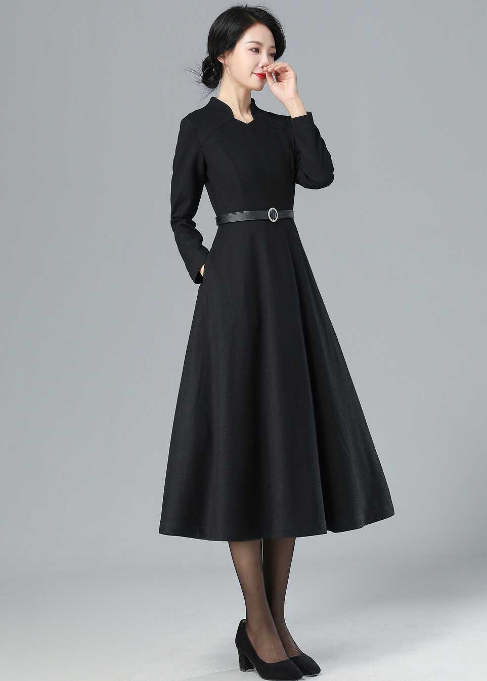 Black Long Wool Dress Women, Elegant Swing Dress, Long Sleeve ...