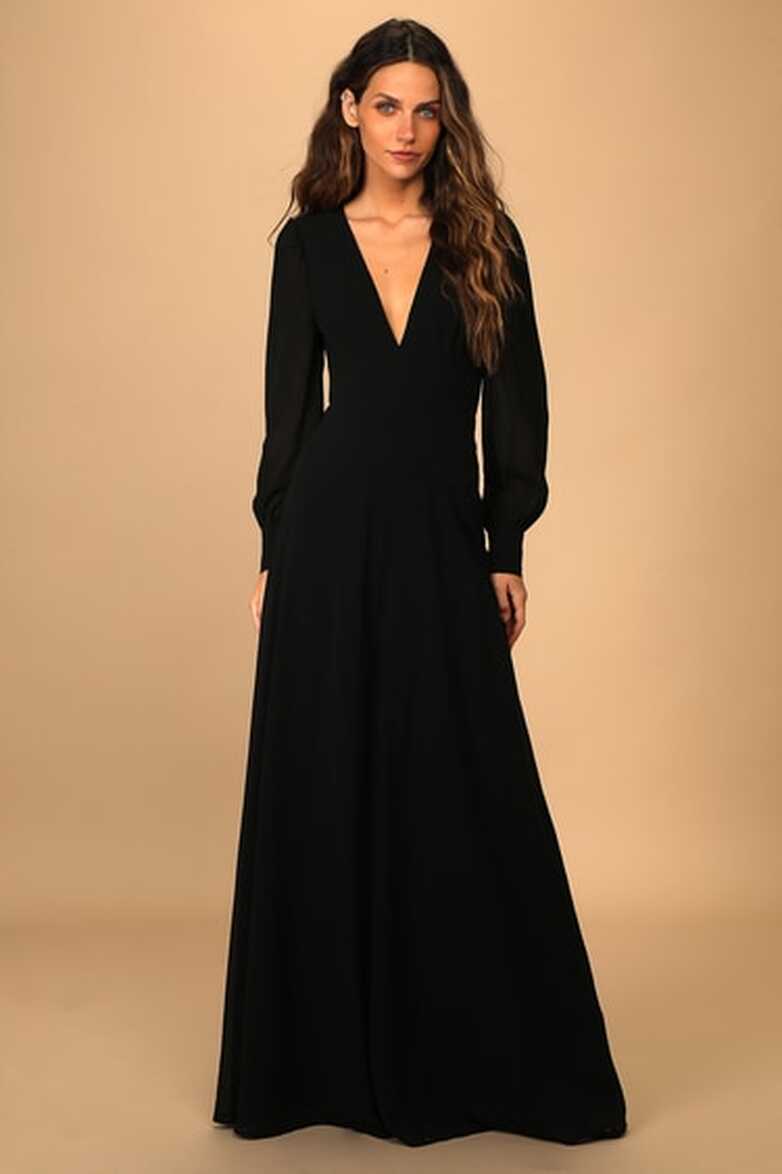 Black Maxi Dress - Chic Open Back Dress - Long Sleeve Maxi Dress ...