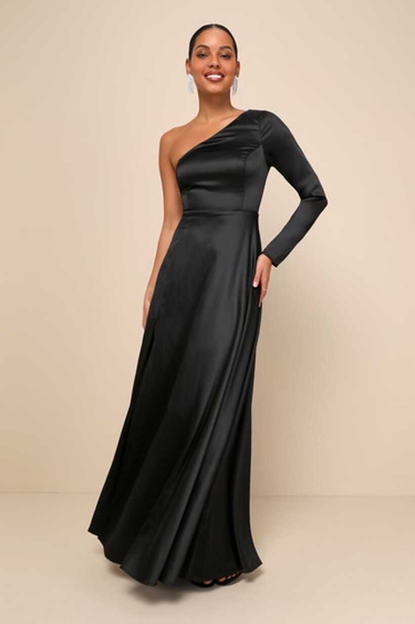 Black Maxi Dress - One-Shoulder Maxi Dress - Long Sleeve Dress - Lulus