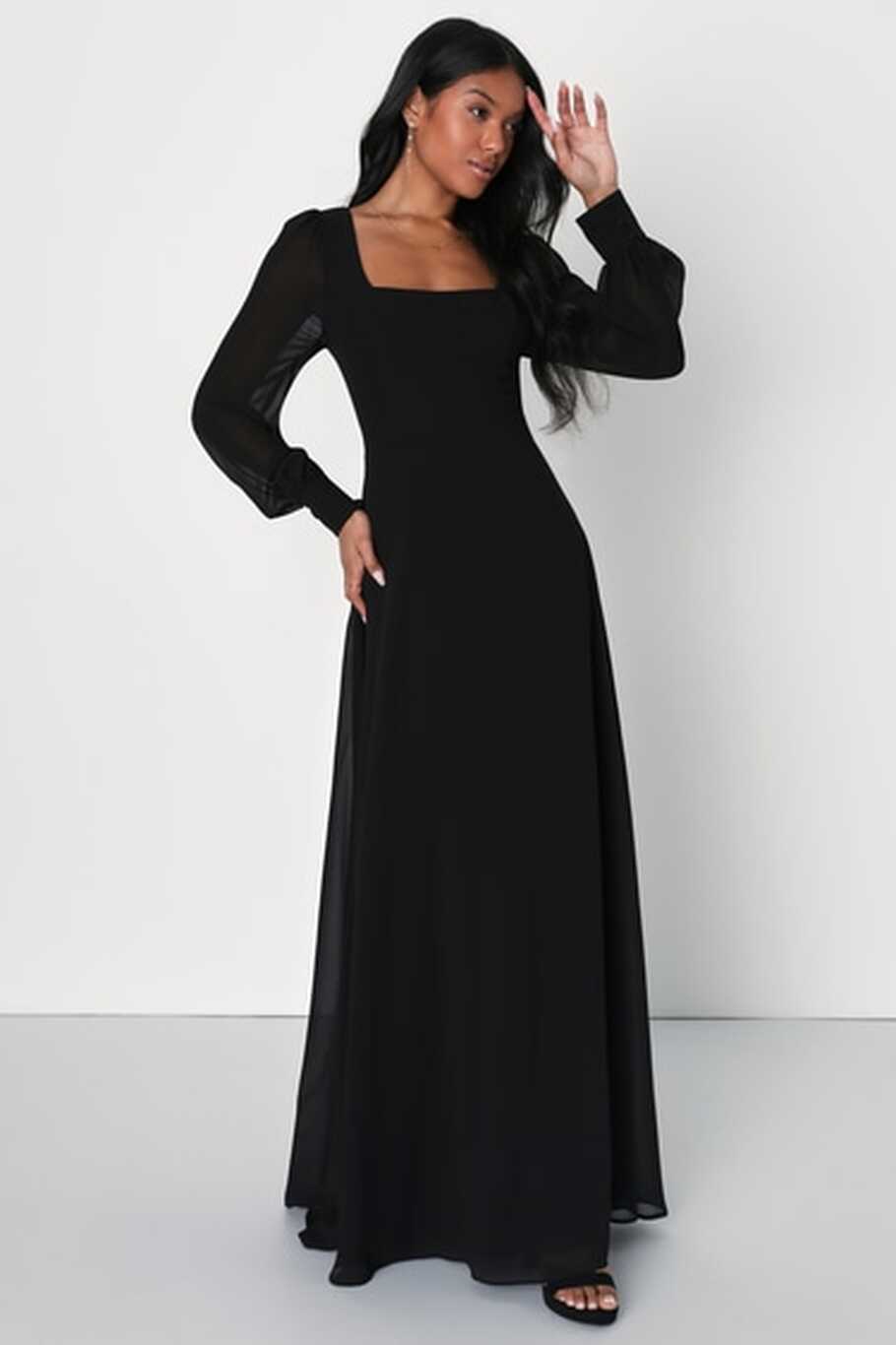 Black Maxi Dress - Square Neck Maxi Dress - Balloon Sleeve Dress ...