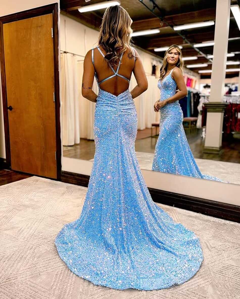 Black Mermaid Prom Dresses for Women Teens Sparkly Sequin V Neck ...