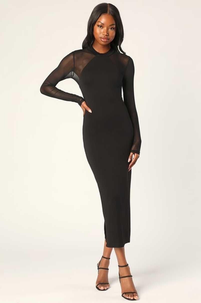 Black Mesh Dress - Long Sleeve Dress - Black Sheer Midi Dress - Lulus