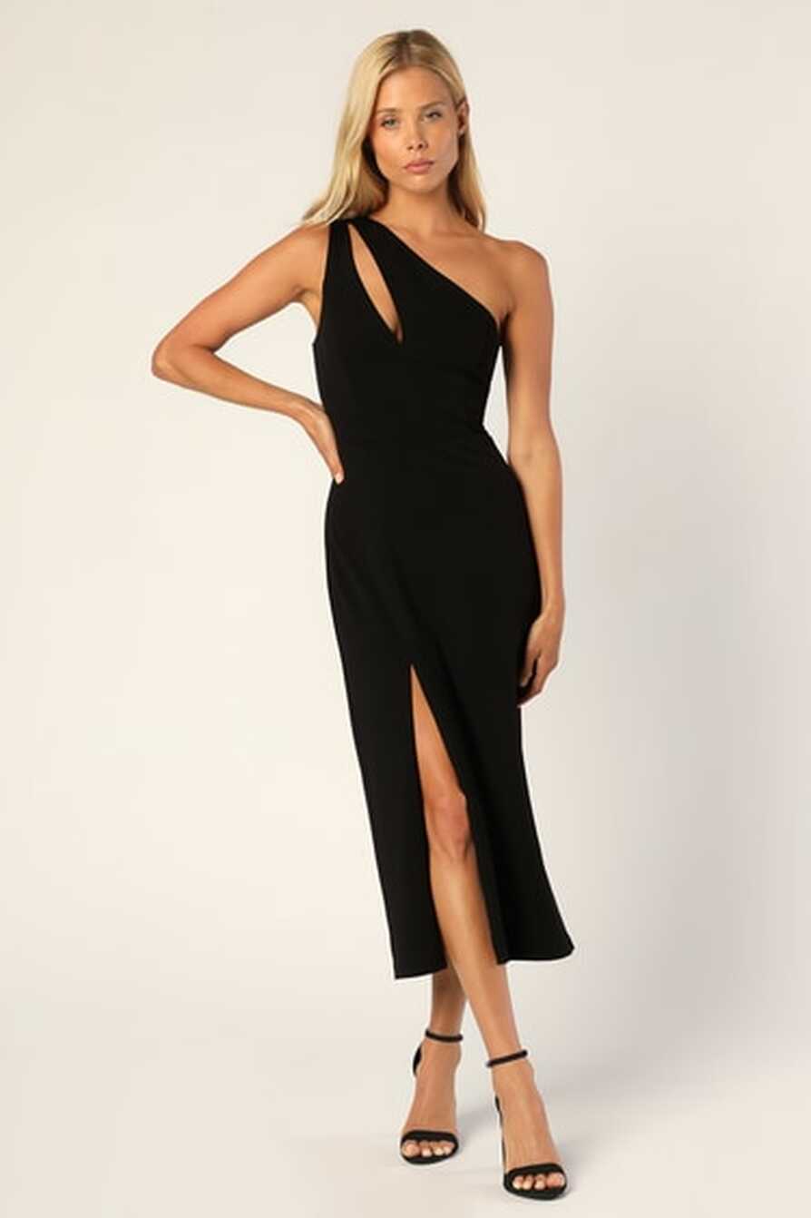 Black Midi Dress - Asymmetrical Dress - One-Shoulder Dress - Lulus