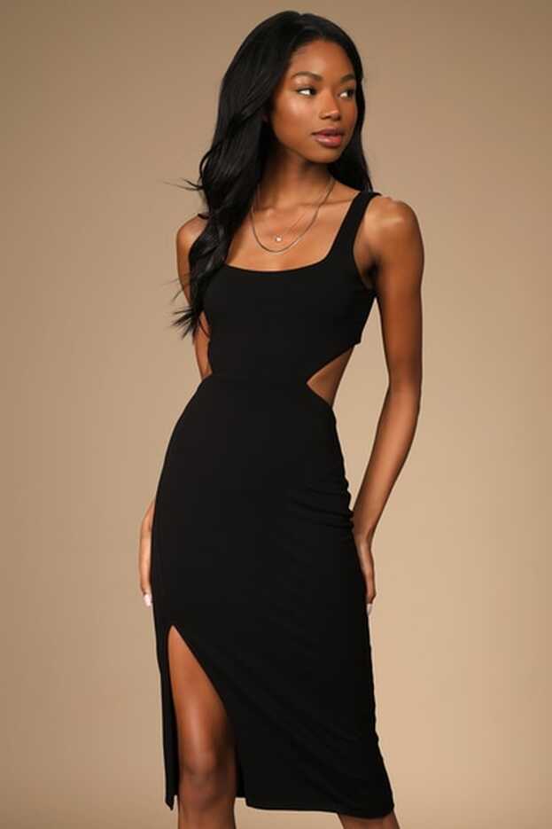 Black Midi Dress - Jersey Knit Midi Dress - Cutout Bodycon Dress ...