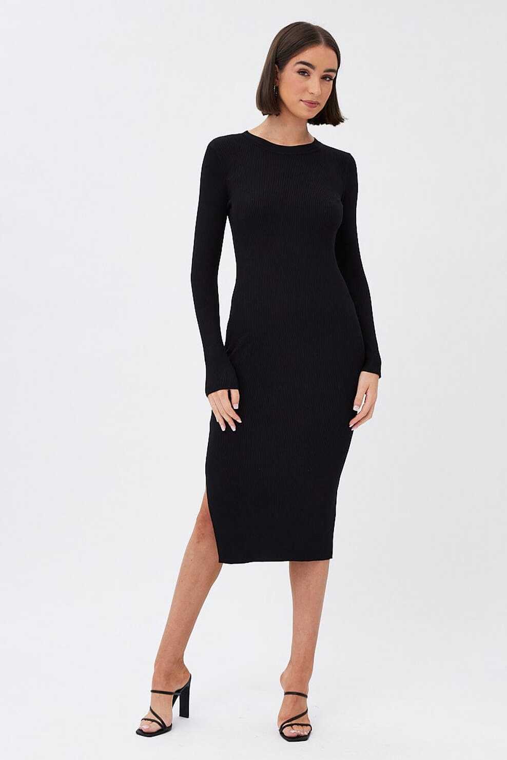 Black Midi Dress Long Sleeve Round Neck Rib Knitted | Ally Fashion