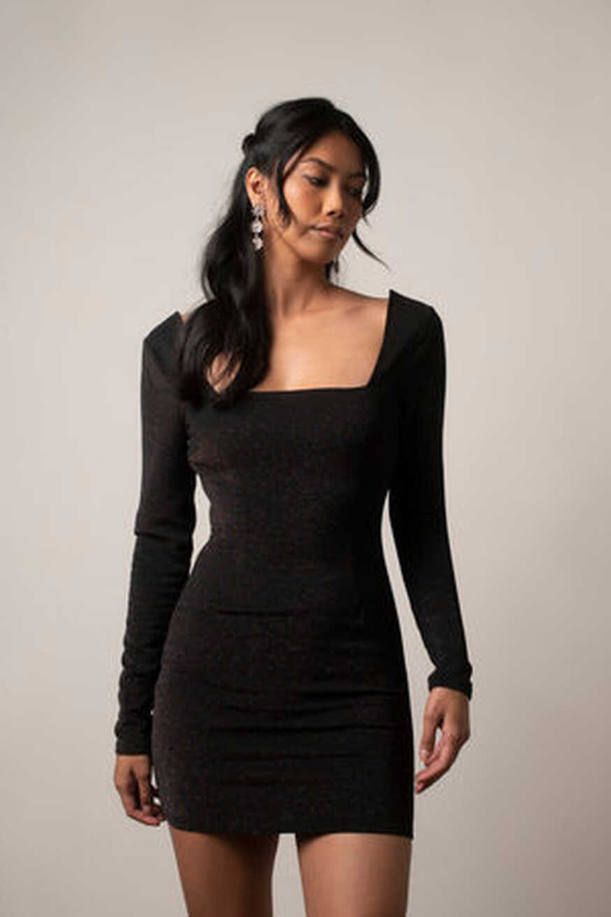 Black Mini Dress - Long Sleeve Bodycon Dress - Square Neck Knit Dress