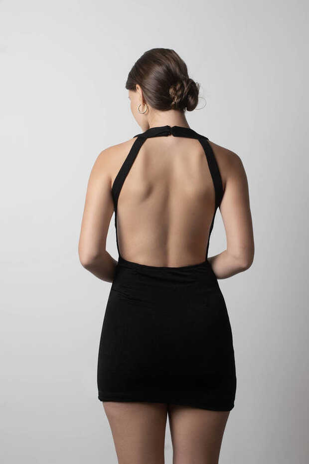 Black Mini Dress - Open Back Bodycon Dress - Halter Neck Dress