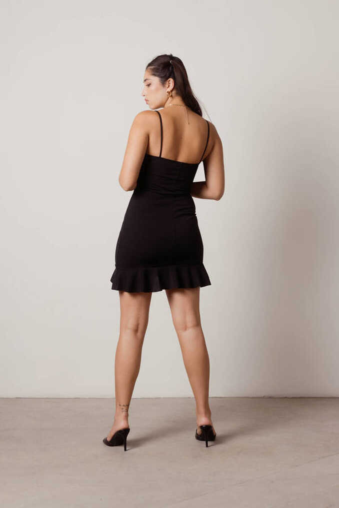 Black Mini Dresse - Ruffled Bottom Bodycon Dress - Wrap Dress