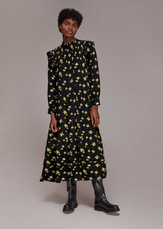 Black/Multi Falling Floral Midi Dress | WHISTLES |