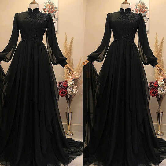 Black Muslim Wedding Dresses High Neck Long Sleeves Chiffon A-line ...