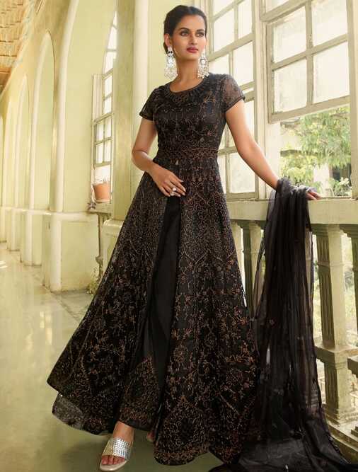 Black Net Semi Stitched Designer Gown Style Suit Online FABANZA