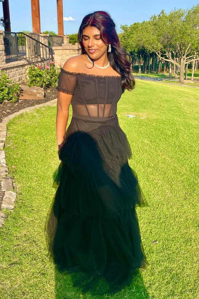 Black Off-the-Shoulder Ruffle Multi-Layers Long Prom Dress ...