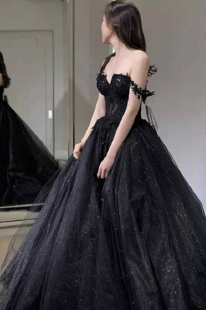 Black Off the Shoulder Tulle Lace Princess Dress, Shiny Tulle Floor Le