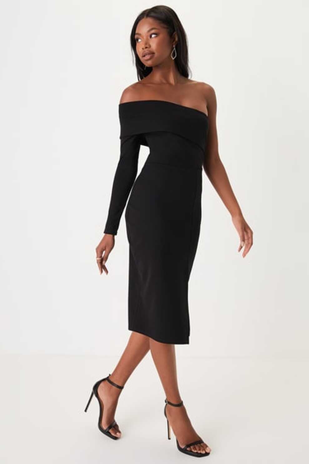 Black One-Shoulder Dress - Black Midi Dress - Bodycon OTS Midi - Lulus