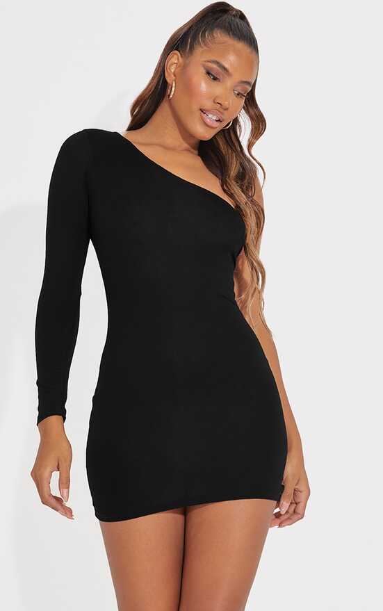 Black One Shoulder Long Sleeve Bodycon Dress | PrettyLittleThing USA