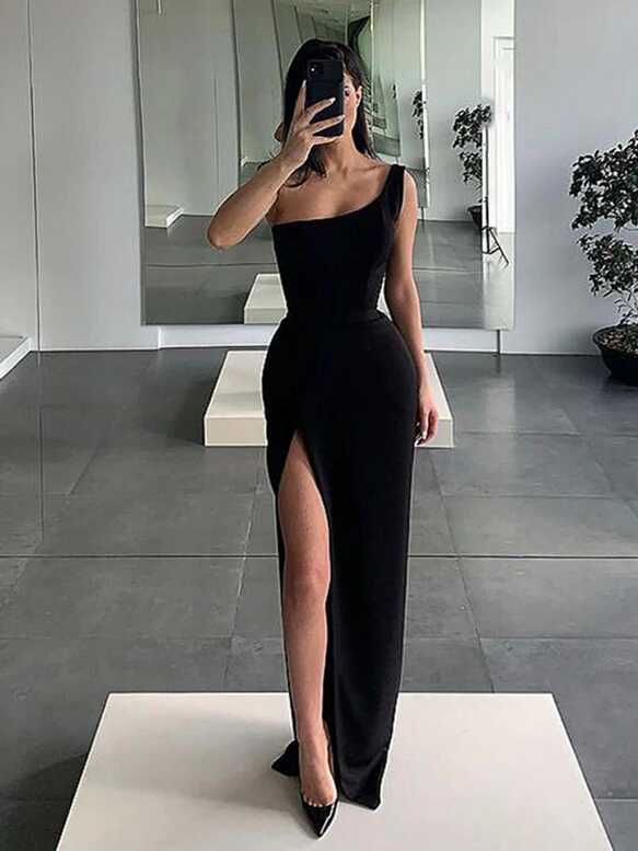 Black One Shoulder Prom Dress with High Leg Slit, One Shoulder ...