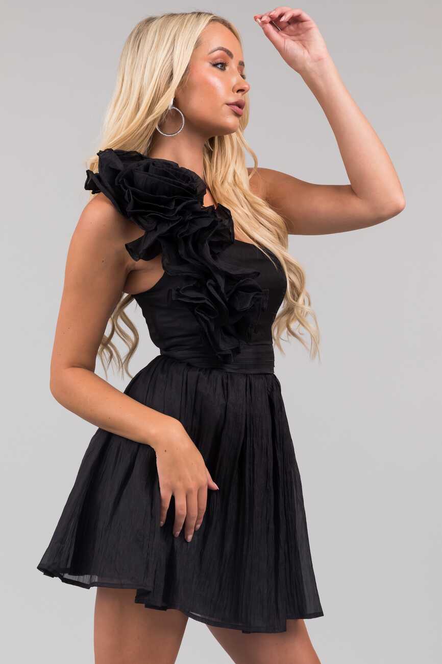 Black One Shoulder Ruffle Short Dress | Lime Lush