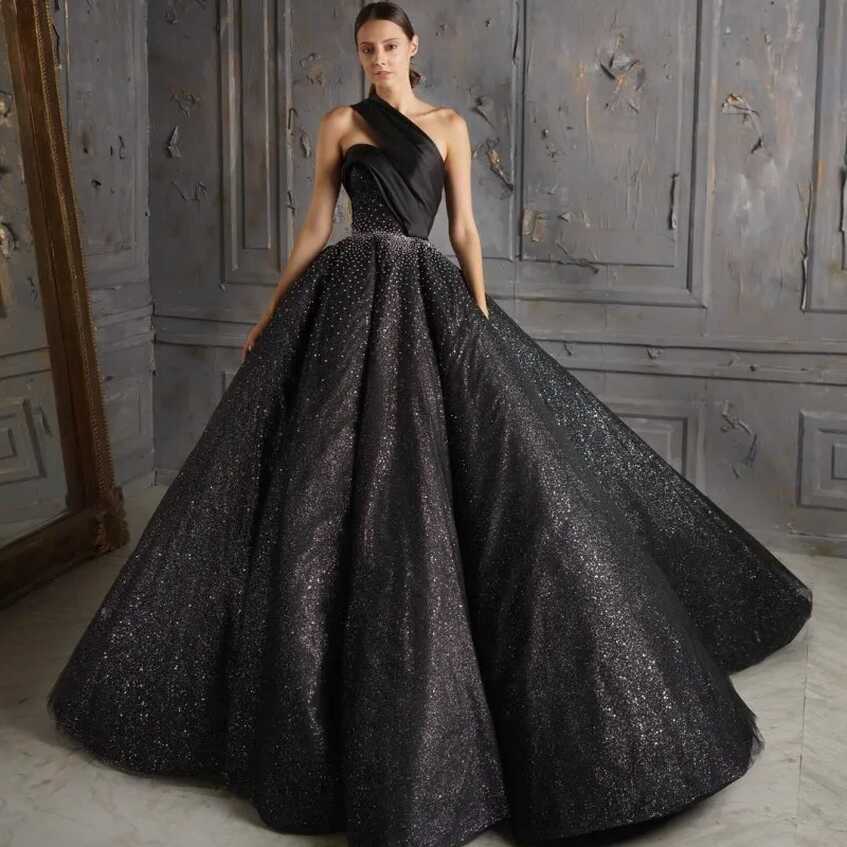 Black One Shoulder Sleeveless Ball Gown Silver Sequin Prom Dress ...