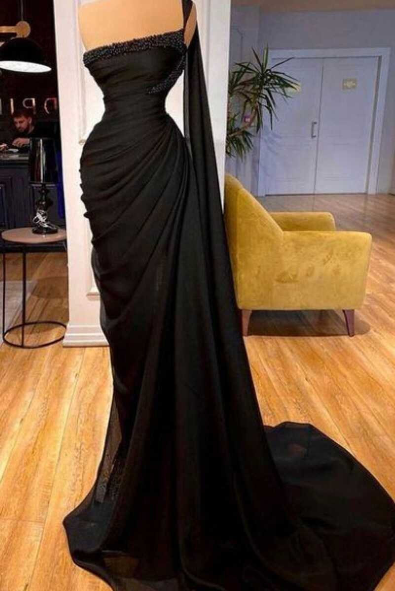 Black One-shoulder Beaded Glamorous Prom Dress - TheCelebrityDresses