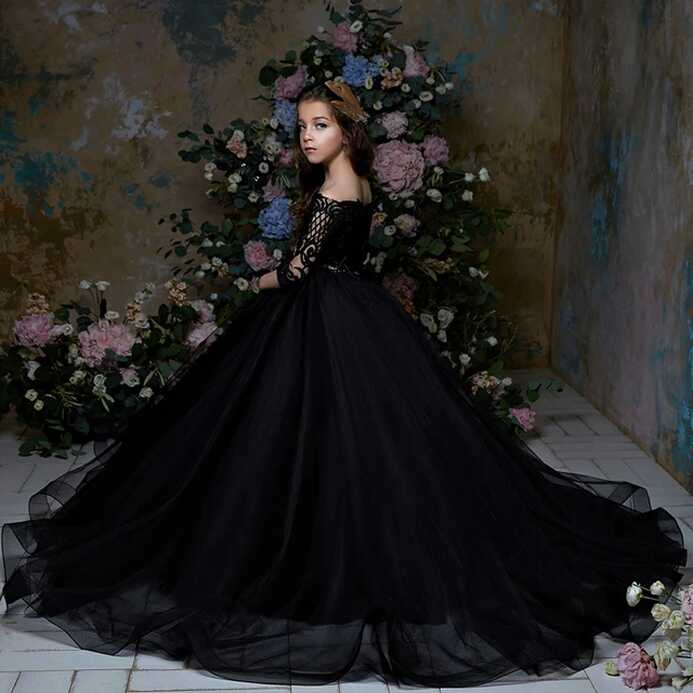 Black Party Dresses For Girls Half Sleeves Puffy Kids Ball Gown ...