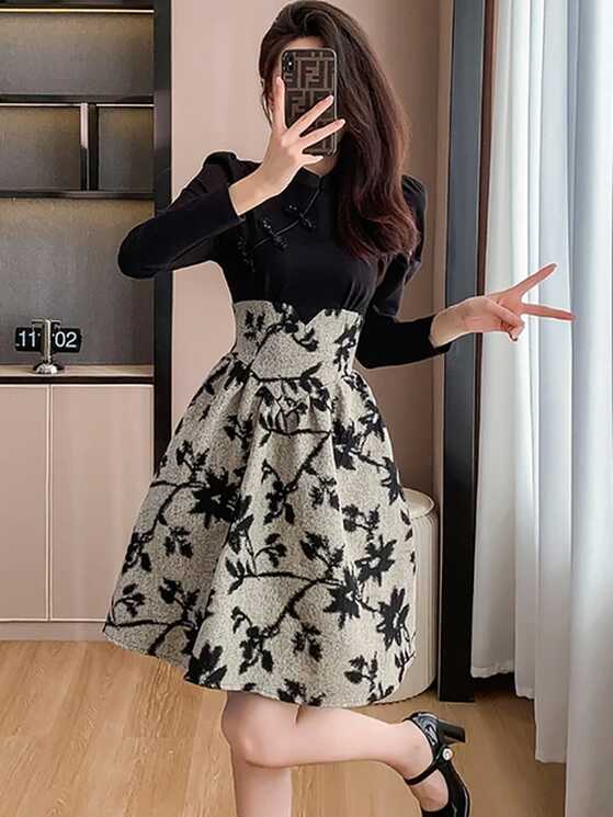 Black Patchwork Floral Fake Two Piece Midi Dress Women Autumn ...