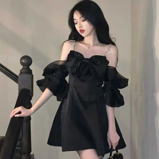 Black Princess Style Dress | Dress Korean Shoulder | Korean Style ...