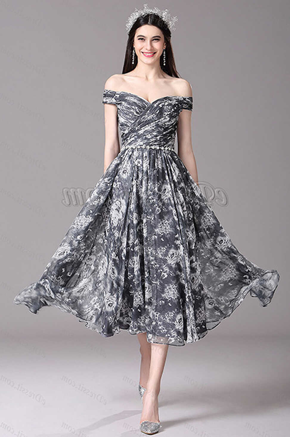 Black Print Off Shoulder Tea Length Cocktail Party Dress ...