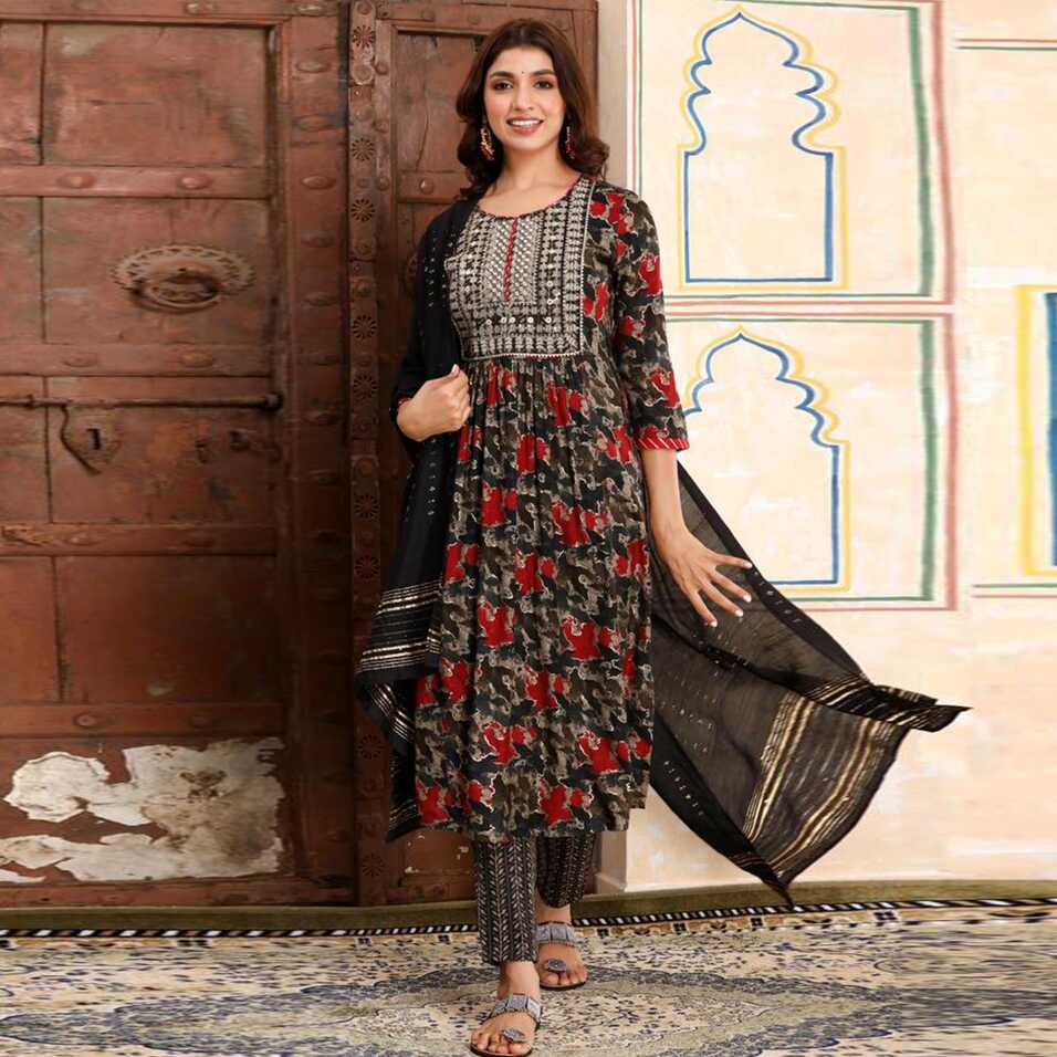 Black Printed &amp; Embroidered Rayon Naira Cut Suit